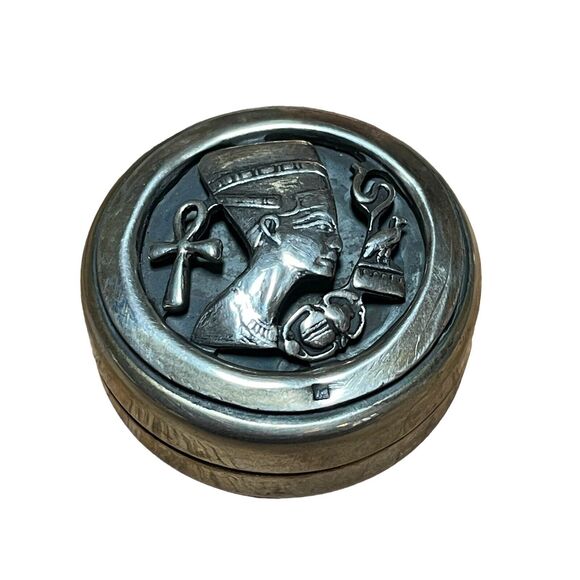 Vtg Sterling Silver Egyptian Pill Box Nefertiti Beetle Ankh Bird Snake Cutout - Picture 2 of 7